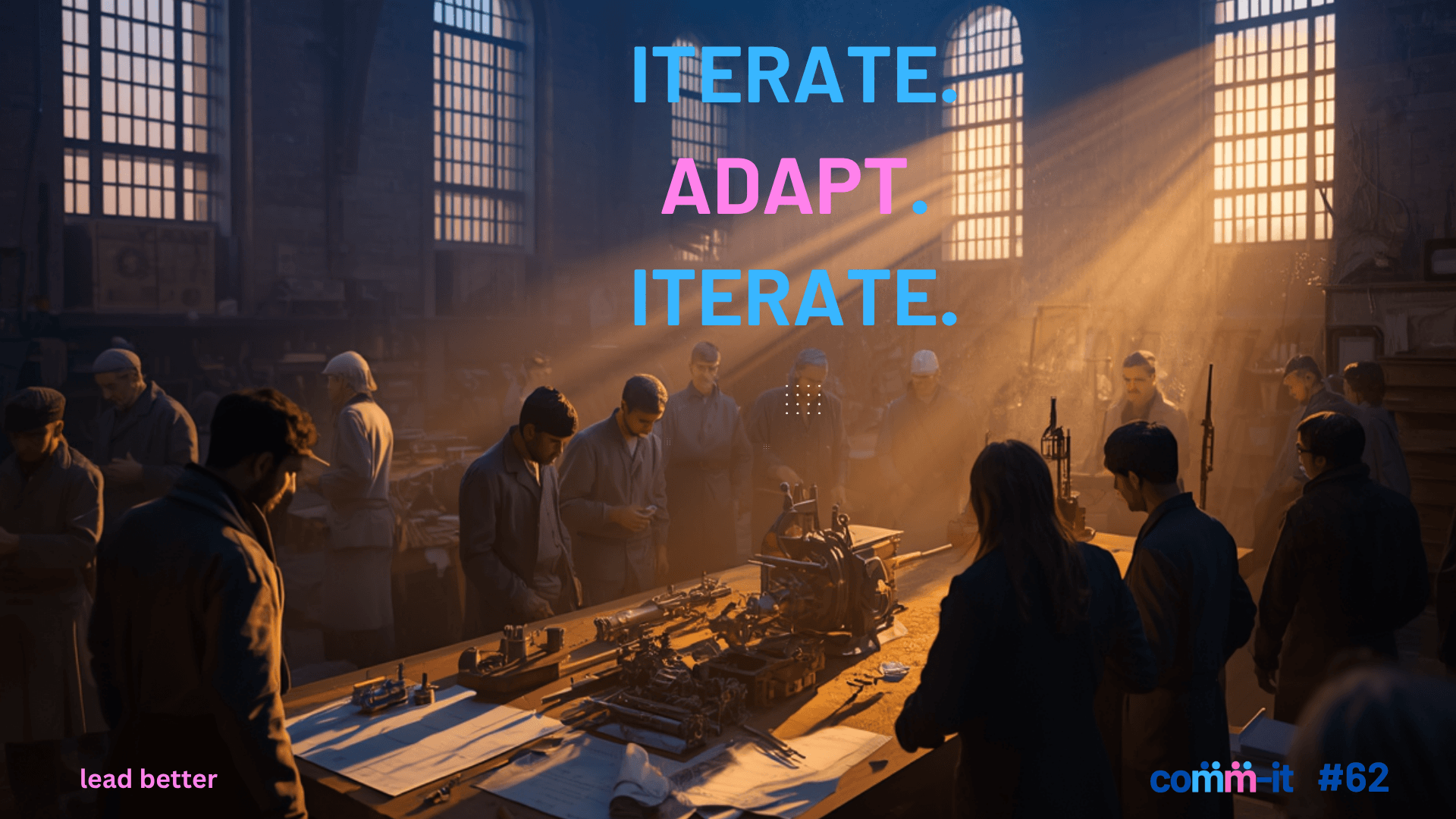 Iterate. Adapt. Iterate — vizualul COMM-IT IS#62, cu o echipă într-un atelier.